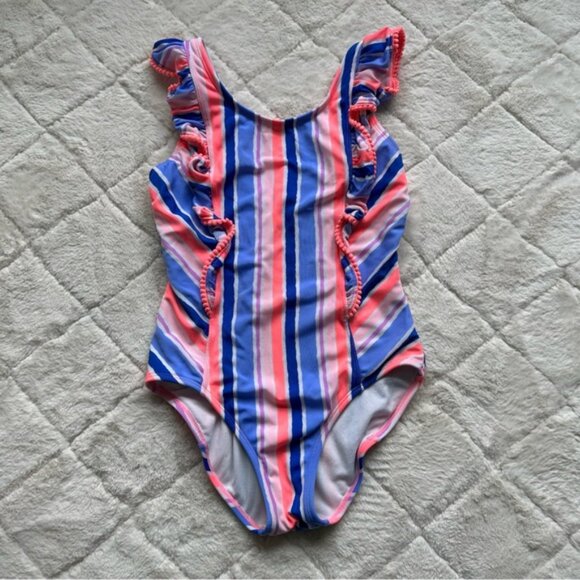 Cat & Jack | Ruffle Sleeve Pom One Piece Swimsuit | Size Large (10/12) - Picture 2 of 7